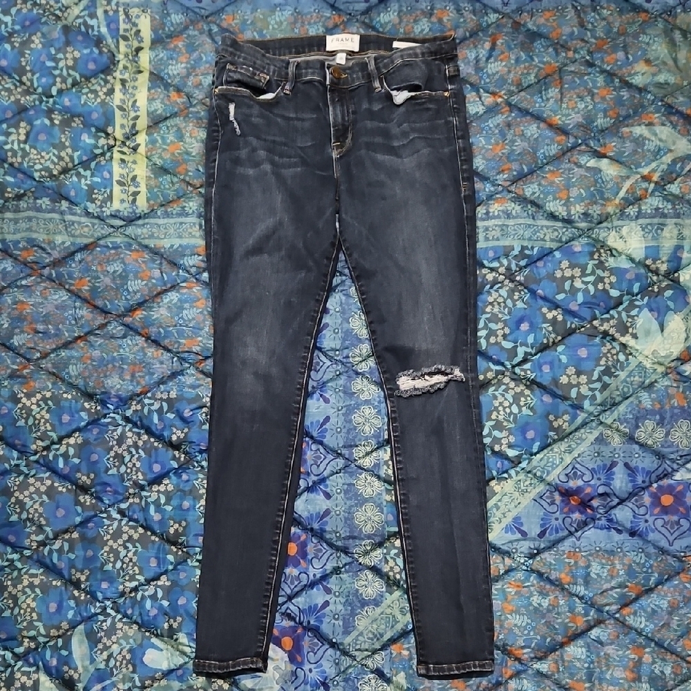 Frame Denim Dark Blue Distressed Skinny Jeans